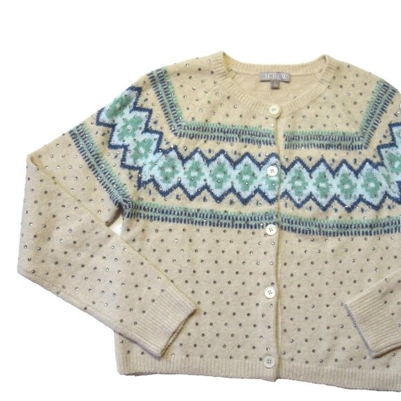 NWT J.Crew Crystal-Embellished Fair Isle Cardigan Sweater in Supersoft Yarn M - Picture 4 of 8